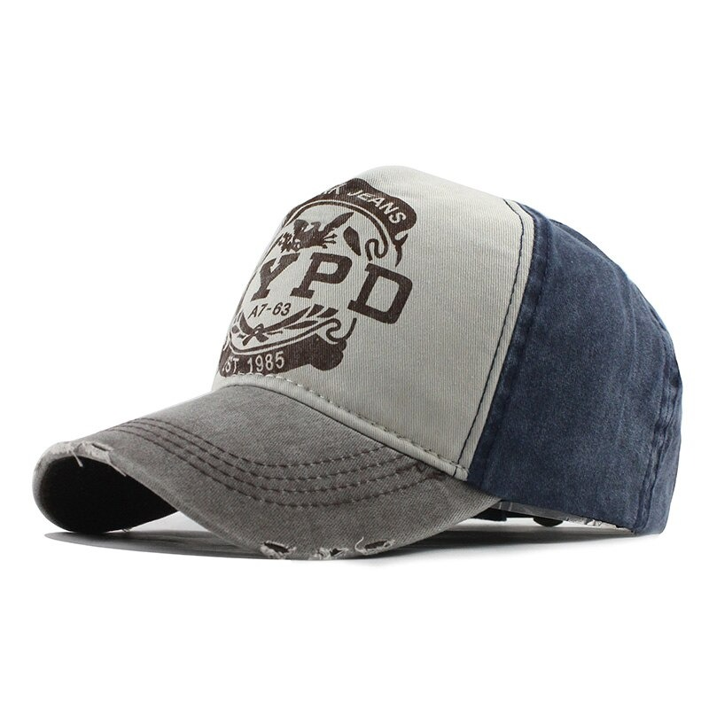 Unisex cotton baseball cap with retro print in gray and blue, casual style snapback hat for trendy outfits.