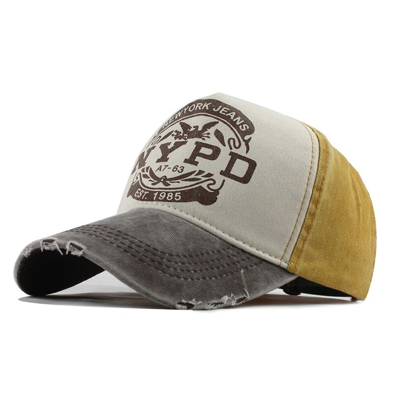 Unisex cotton baseball cap with retro NYPD print, stylish casual accessory in beige and yellow.