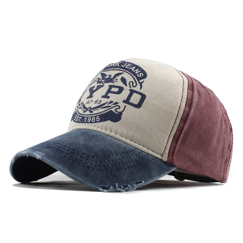 Stylish unisex cotton baseball cap with retro print, featuring a mix of beige, maroon, and blue colors for a casual look.