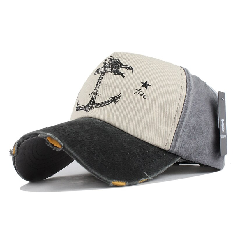 Unisex cotton baseball cap with ship anchor print, casual snapback hat in gray and beige colors.