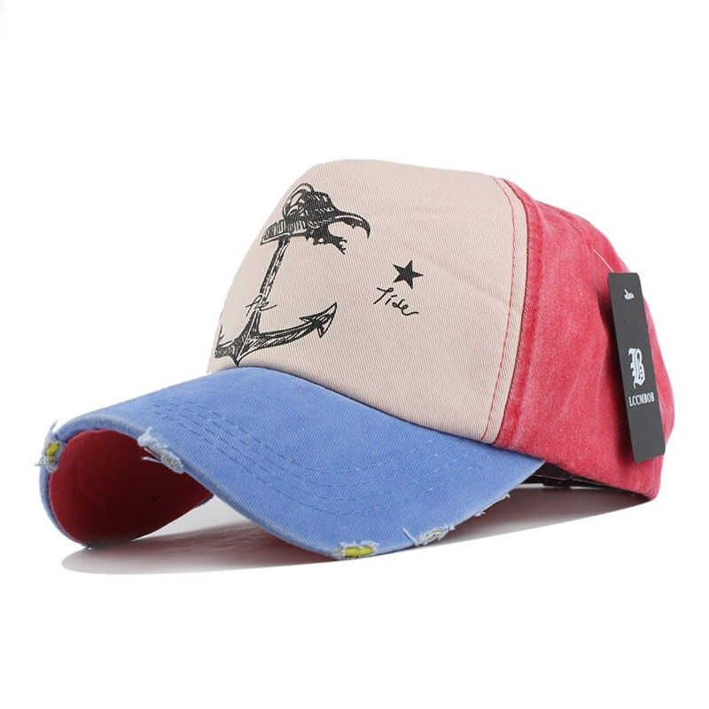 Unisex cotton baseball cap featuring a ship anchor print, casual fashion accessory in vibrant red and blue.
