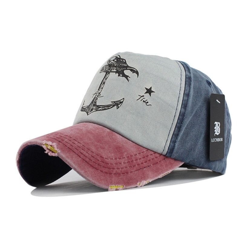 Unisex cotton baseball cap with ship anchor print, stylish 5-panel design in casual colors.