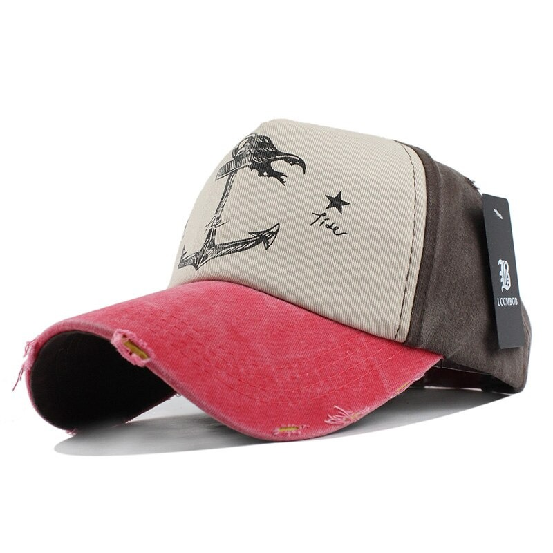 Unisex cotton baseball cap with ship anchor print, fashionable snapback hat in casual style.