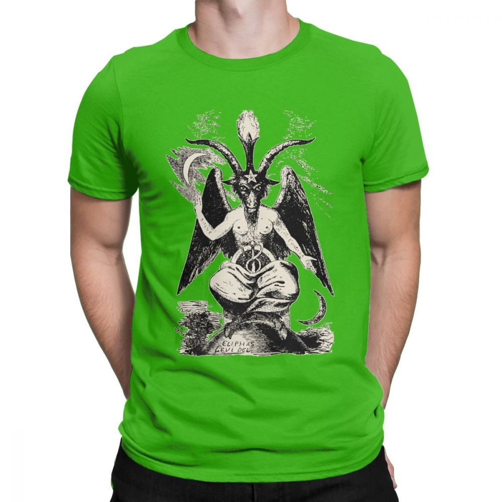 Men's Gothic cotton T-shirt featuring a devil demon print on vibrant green background for rock parties.