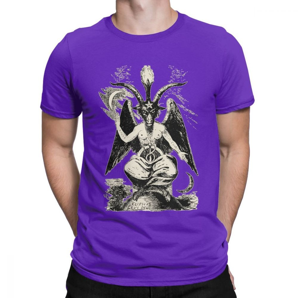 Men's purple cotton T-shirt featuring a striking devil demon print in gothic style, perfect for rock parties.