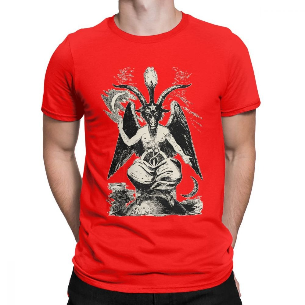 Red cotton T-shirt for men featuring a gothic devil demon print, perfect for rock parties and concerts.