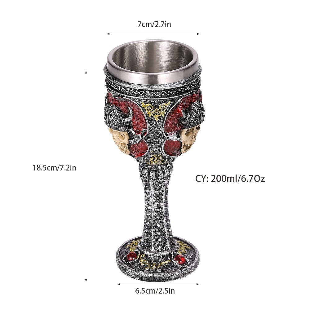 Vintage Gothic wine glass with skull and horn design, stainless steel interior, perfect for bar decor and drinks.