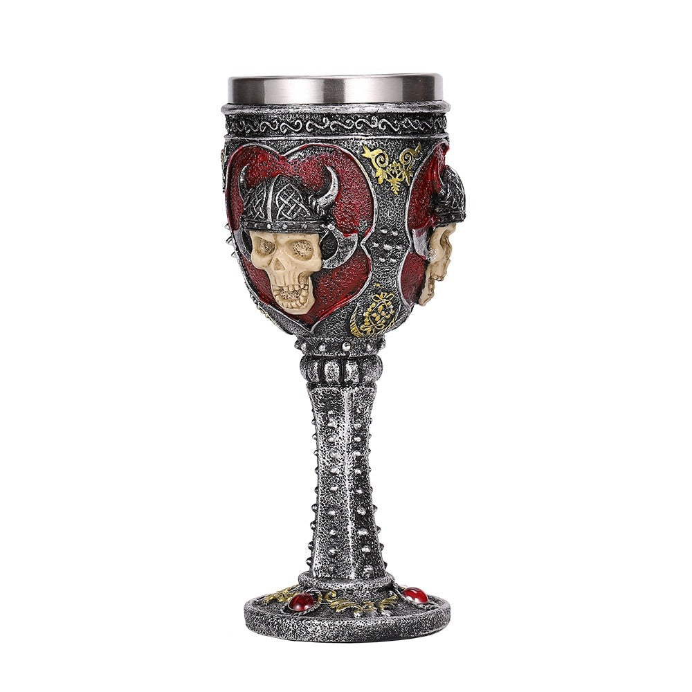 Vintage style wine glass with skull and horns, perfect for gothic decor and drinkware.