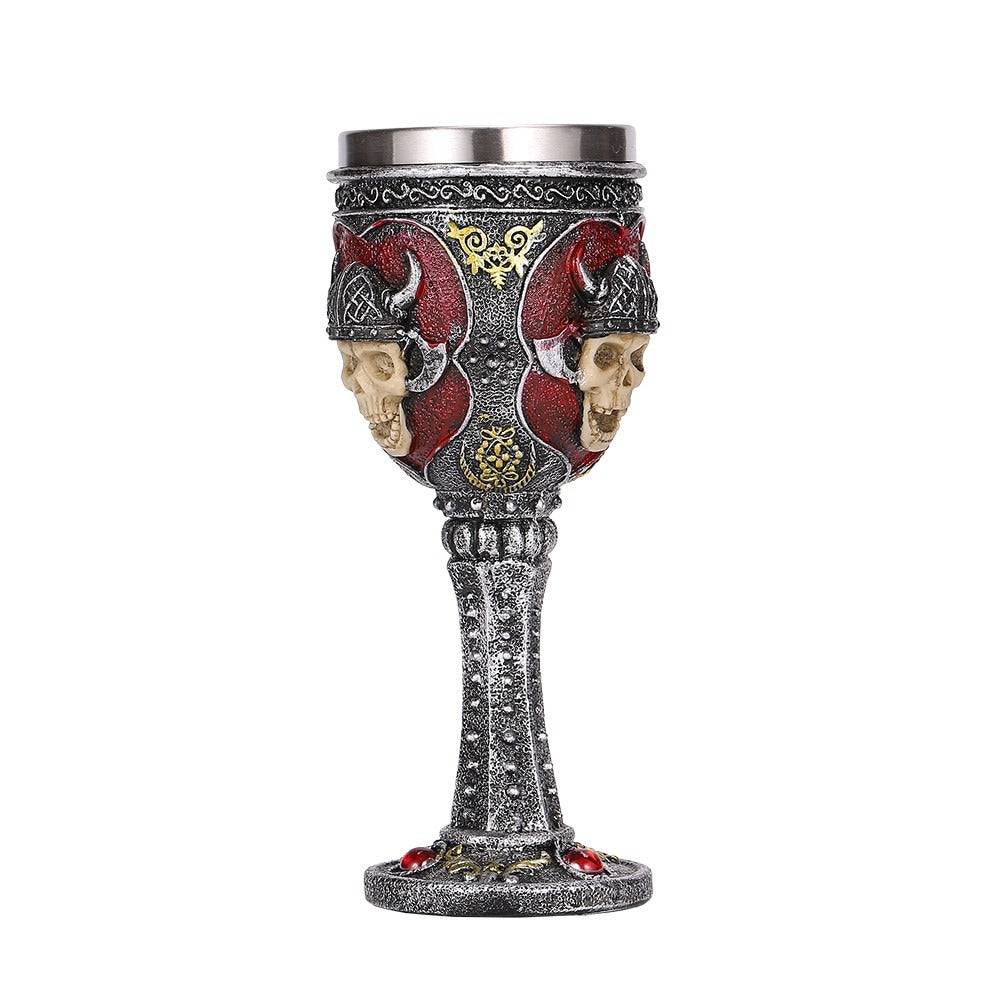 Vintage Gothic wine glass with skull and horns decor, perfect for bar drinkware or as a unique home decor piece.
