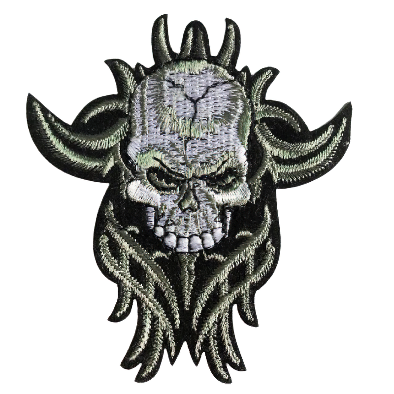 Embroidered cracked skull iron-on patch featuring horns and detailed designs, perfect for rock-style clothing.