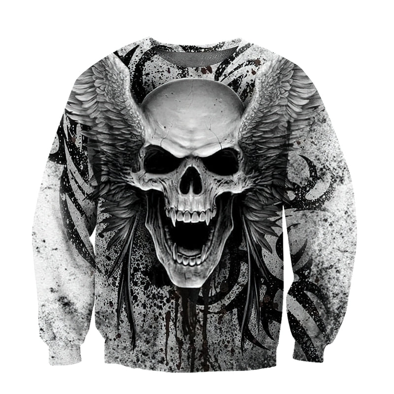Men's sweatshirt featuring a cool skull with angel wings design, perfect for a rock style look.