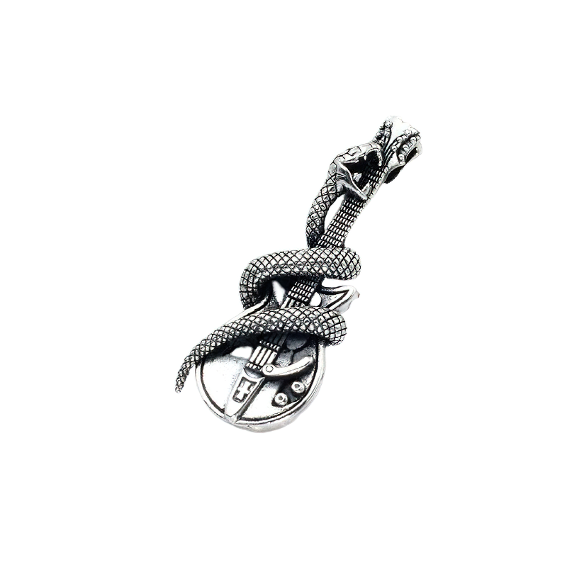 Stylish sterling silver pendant featuring a snake wrapped around a guitar, perfect for unisex rock fashion.
