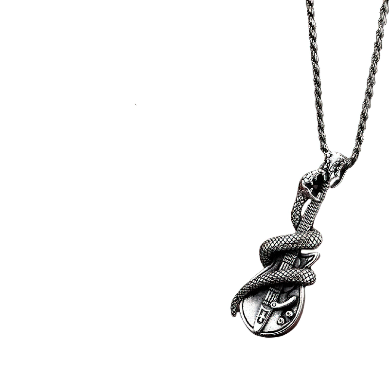 Stylish unisex pure silver pendant shaped like a guitar with a snake design, perfect for rock style lovers.