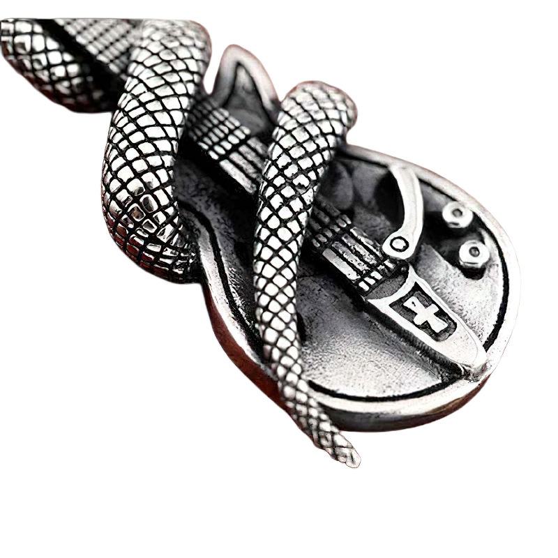 Detailed view of a snake wrapped around a guitar pendant, made of sterling silver, showcasing rock style jewelry.