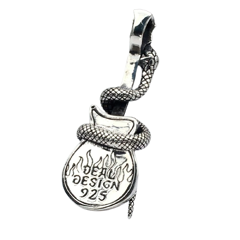 Pure silver snake design pendant with flame details, trendy unisex rock jewelry for music lovers.
