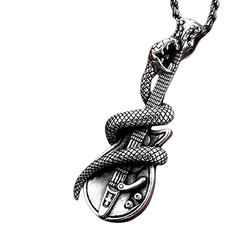 Unisex sterling silver pendant with snake design wrapped around a guitar, perfect rock style accessory.