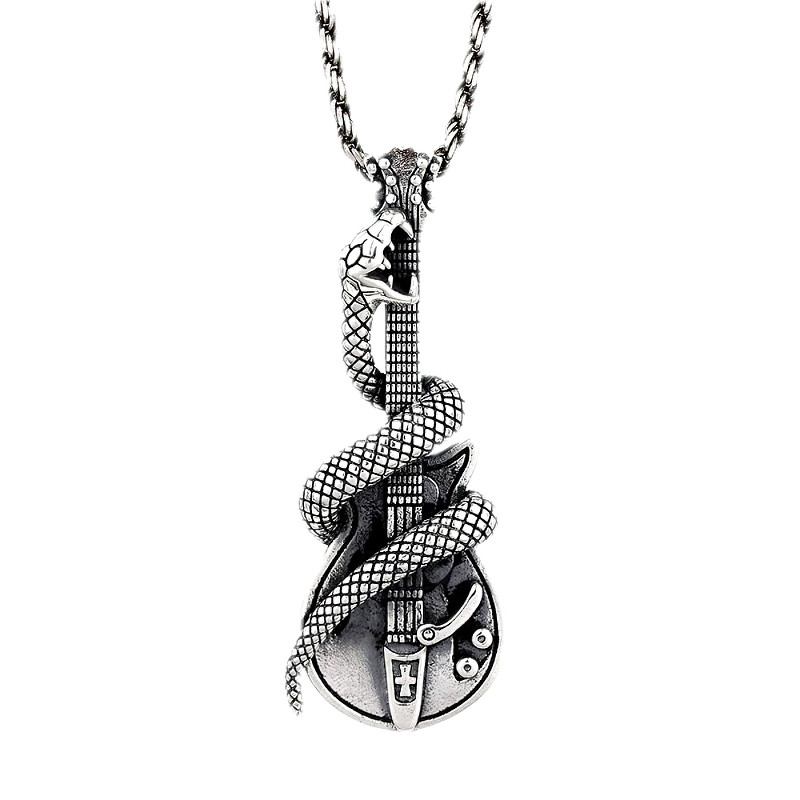 Silver snake wrapped around a guitar pendant, unisex rock accessory for trendy jewelry lovers.