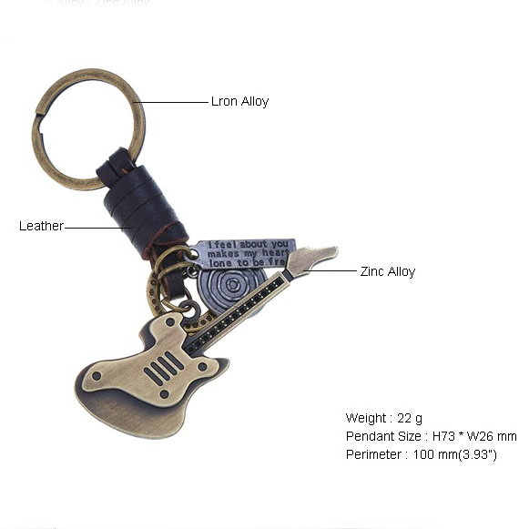 Vintage leather keychain featuring a guitar pendant and a heartfelt message, perfect accessory for punk style lovers.