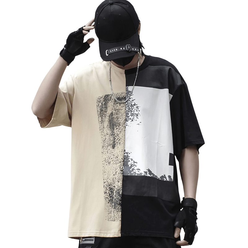 Creative Print Cotton T-shirts for Men / O-Neck Patchwork T-Shirts in Alternative Style