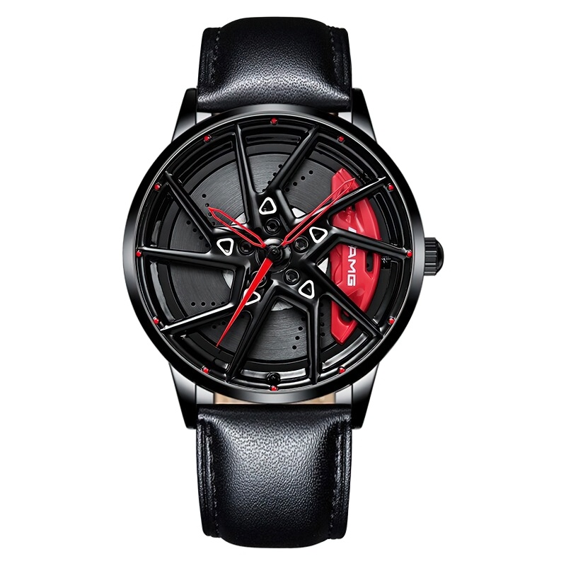 Men's waterproof 3D watch with black leather strap and unique wheel design, perfect for sporty casual style.