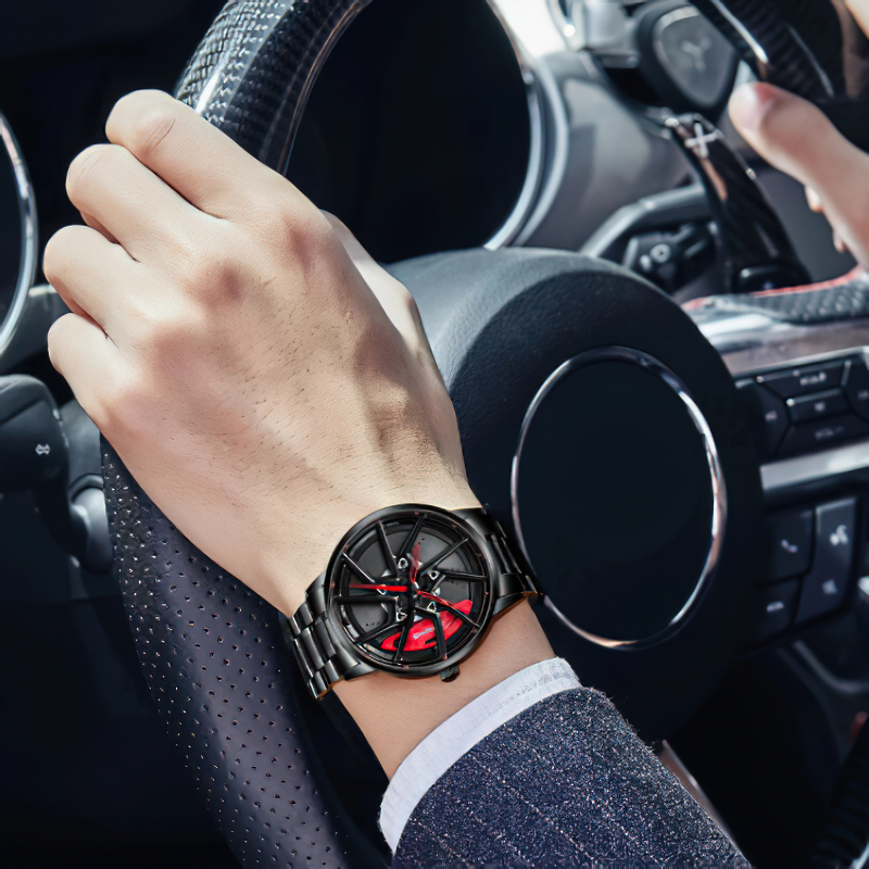 Stylish men's waterproof 3D watch with wheel design, worn on hand while driving a sporty car.