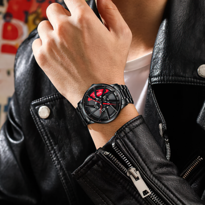 Stylish men's waterproof 3D watch with wheel design, worn on a hand with a black leather jacket.