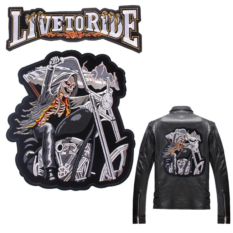 Embroidered iron-on patch of a skeleton riding a motorcycle, with 'LIVE TO RIDE' text, perfect for biker jackets.