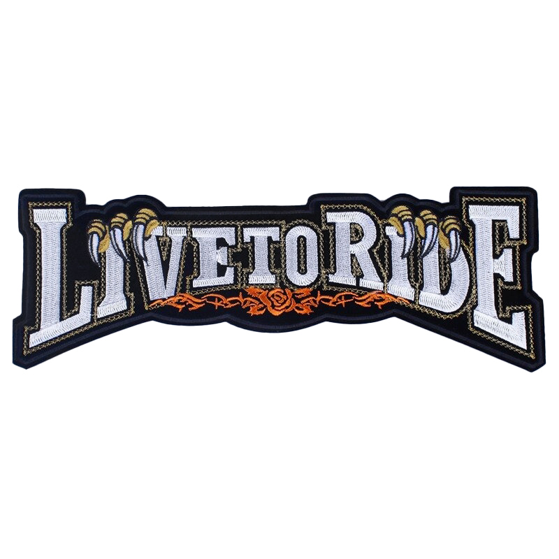 Embroidered 'Live to Ride' biker patch, perfect for jackets and clothing with a stylish design.