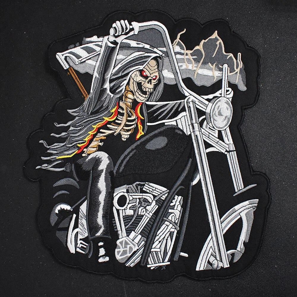 Creepy skull skeleton patch riding a motorcycle, perfect for jackets and biker gear.