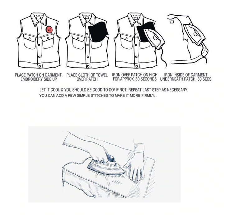 Iron-on patch application instructions for jackets with detailed steps and visuals.