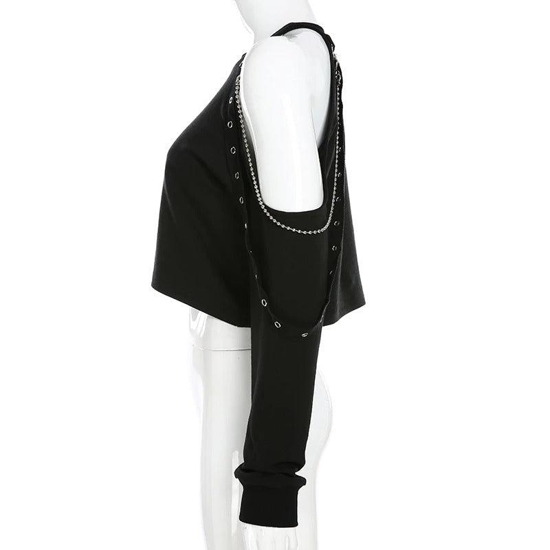 Gothic cropped black top with chain detail, open shoulders, and long sleeves for stylish layering.