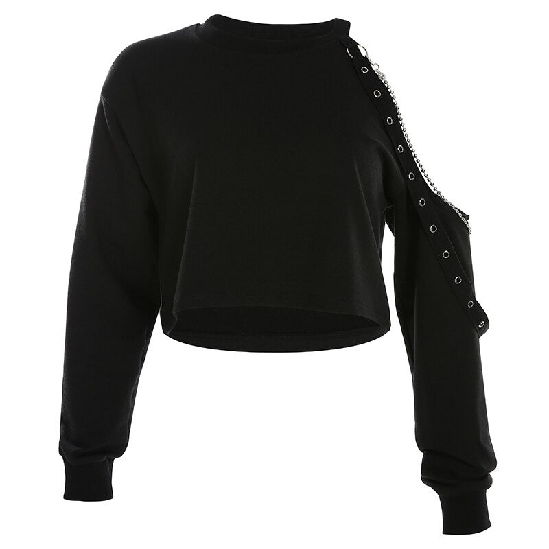 Gothic black cropped women’s top with chains and open shoulder, featuring long sleeves for edgy style.