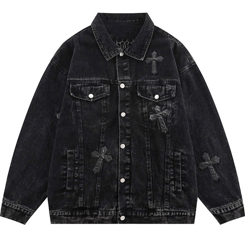 Cross Embroidered Denim Jackets / Casual Jackets with Pockets and Buttons / Male Loose Clothing