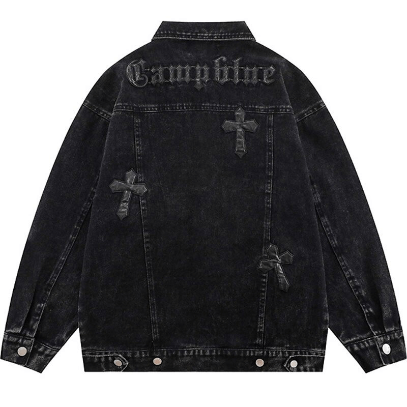 Cross Embroidered Denim Jackets / Casual Jackets with Pockets and Buttons / Male Loose Clothing