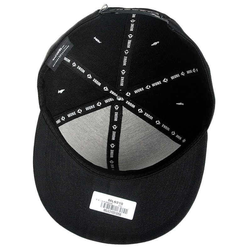 Inside view of a black adjustable snapback hat with embroidered details and size label.