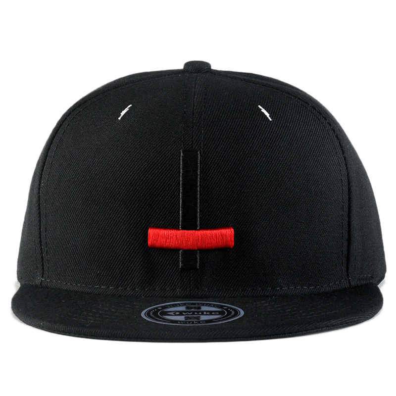 Cross embroidered black snapback hat with red detailing, stylish unisex accessory for casual outings and festivals.