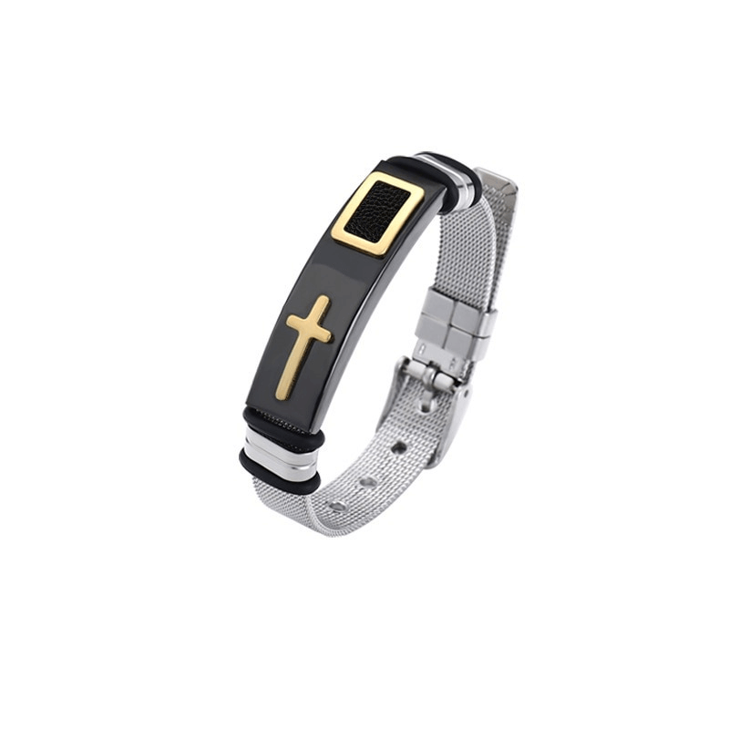 Stylish stainless steel cross bracelet in punk biker style with black and gold accents, perfect motorcycle accessory.