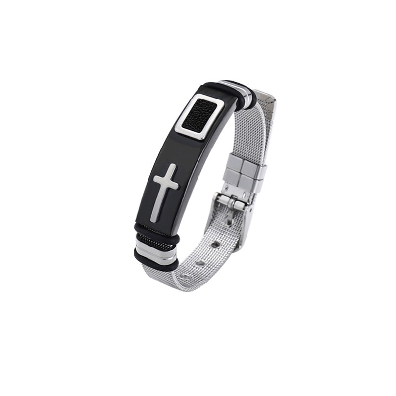 Stylish stainless steel cross bracelet in punk biker style, perfect for enhancing your motorcycle accessory collection.