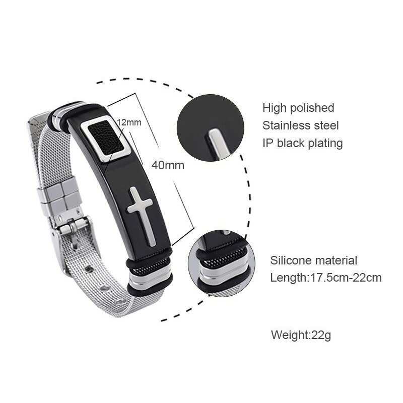 Stylish stainless steel cross bracelet with IP black plating, designed for bikers, showcasing trendy motorcycle fashion.