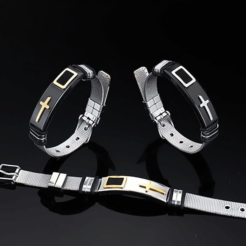 Stylish stainless steel cross bracelets in punk biker design, perfect accessory for motorcycle enthusiasts.