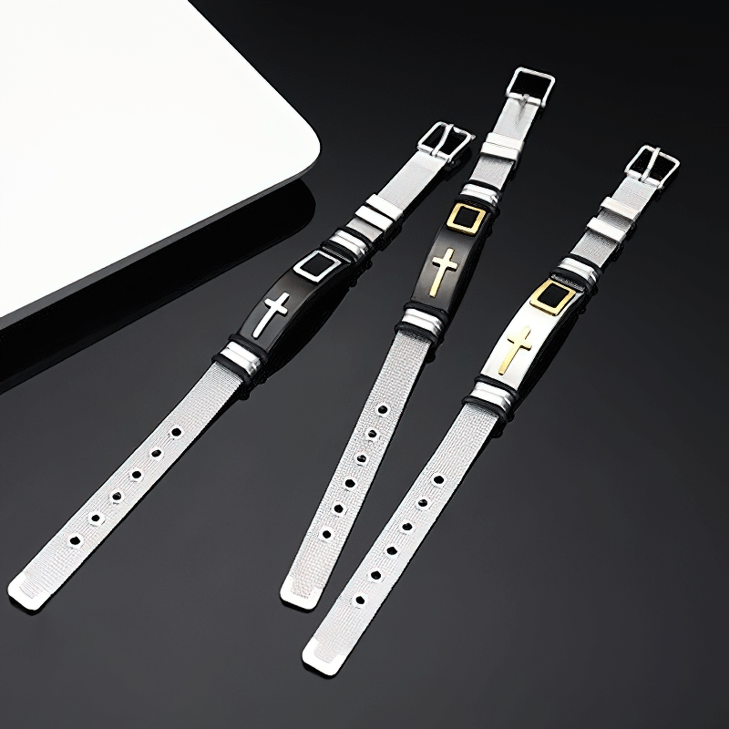 Stylish stainless steel cross bracelets in punk biker style, perfect for adding flair to any outfit.