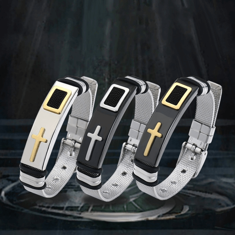 Stylish stainless steel cross bracelets in punk biker style, featuring black and silver designs for a trendy look.