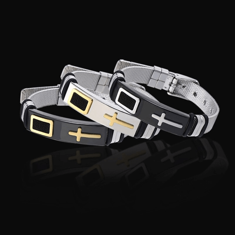Stylish stainless steel cross bracelets in punk biker style, featuring black, silver, and gold accents.