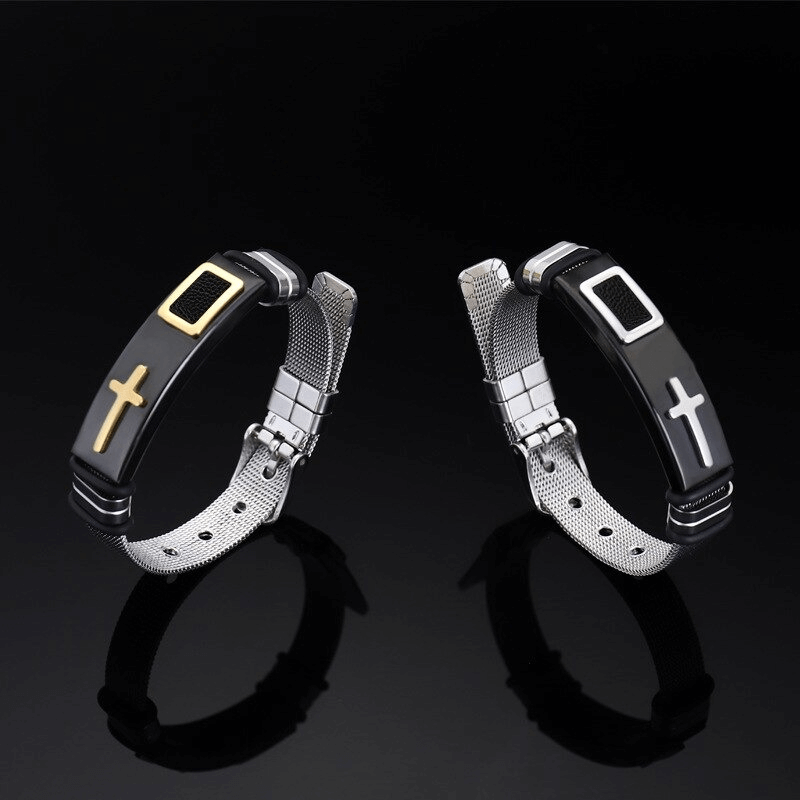 Stylish stainless steel cross bracelets in punk biker style, perfect accessory for motorcycle enthusiasts.