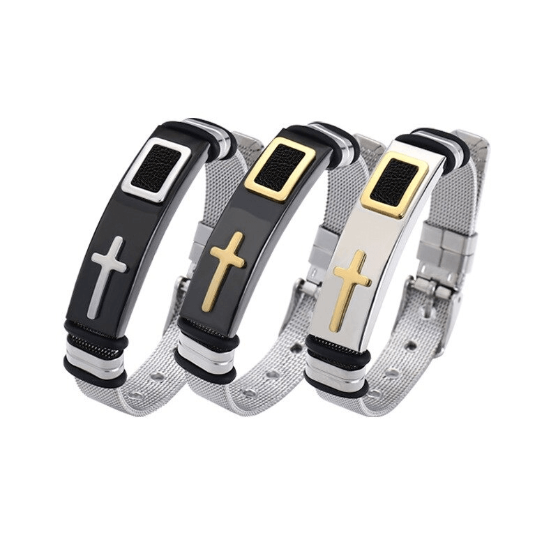 Set of three stainless steel cross bracelets in punk style: black, silver, and gold accents for bikers.