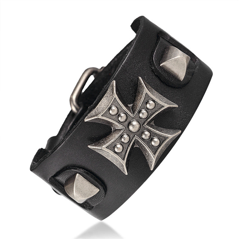 Cross wide genuine leather wrap bracelet for men and women with zinc alloy details and adjustable toggle clasp.