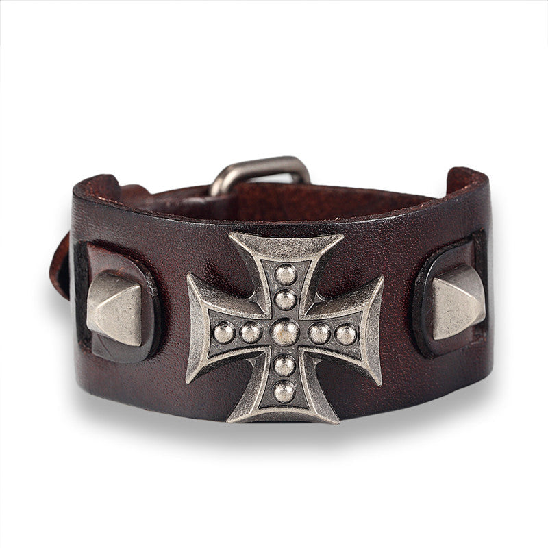Cross wide genuine leather wrap bracelet with metal cross and studs, perfect for men and women bikers.