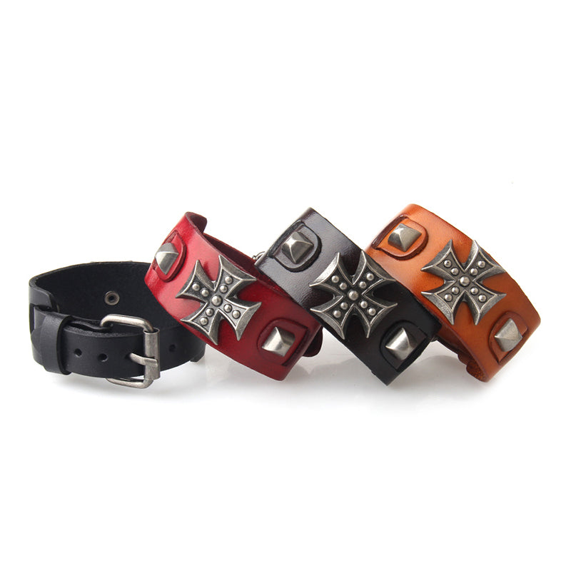 Cross wide genuine leather wrap bracelets for men and women in red, black, and orange colors with zinc alloy details.