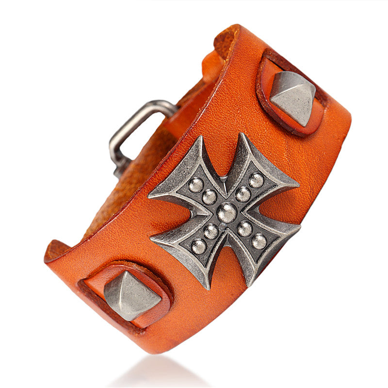 Cross wide genuine leather wrap bracelet in orange with zinc alloy cross detail and toggle clasp.