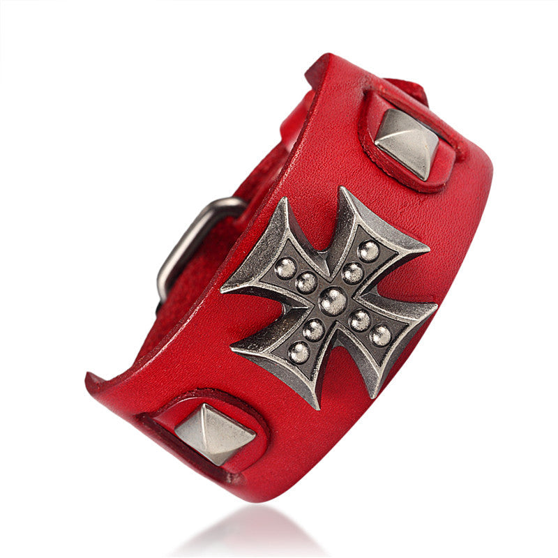 Red genuine leather wrap bracelet for men and women, featuring a metal cross and stylish studs.
